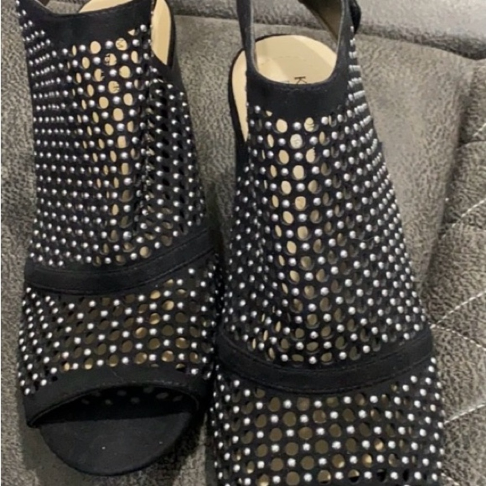 Kim Rogers Black Rhinestone Open-Toe Slingback Block Heels 6.5M